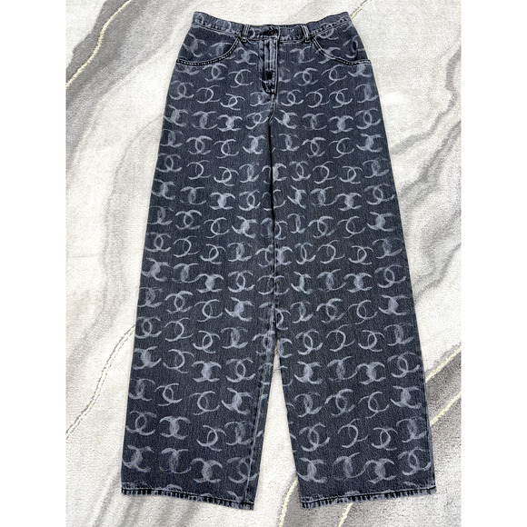 Chanel 23B Runway Black Denim White CC Printed Logo Baggy Oversized Jeans 36 - Picture 4 of 11